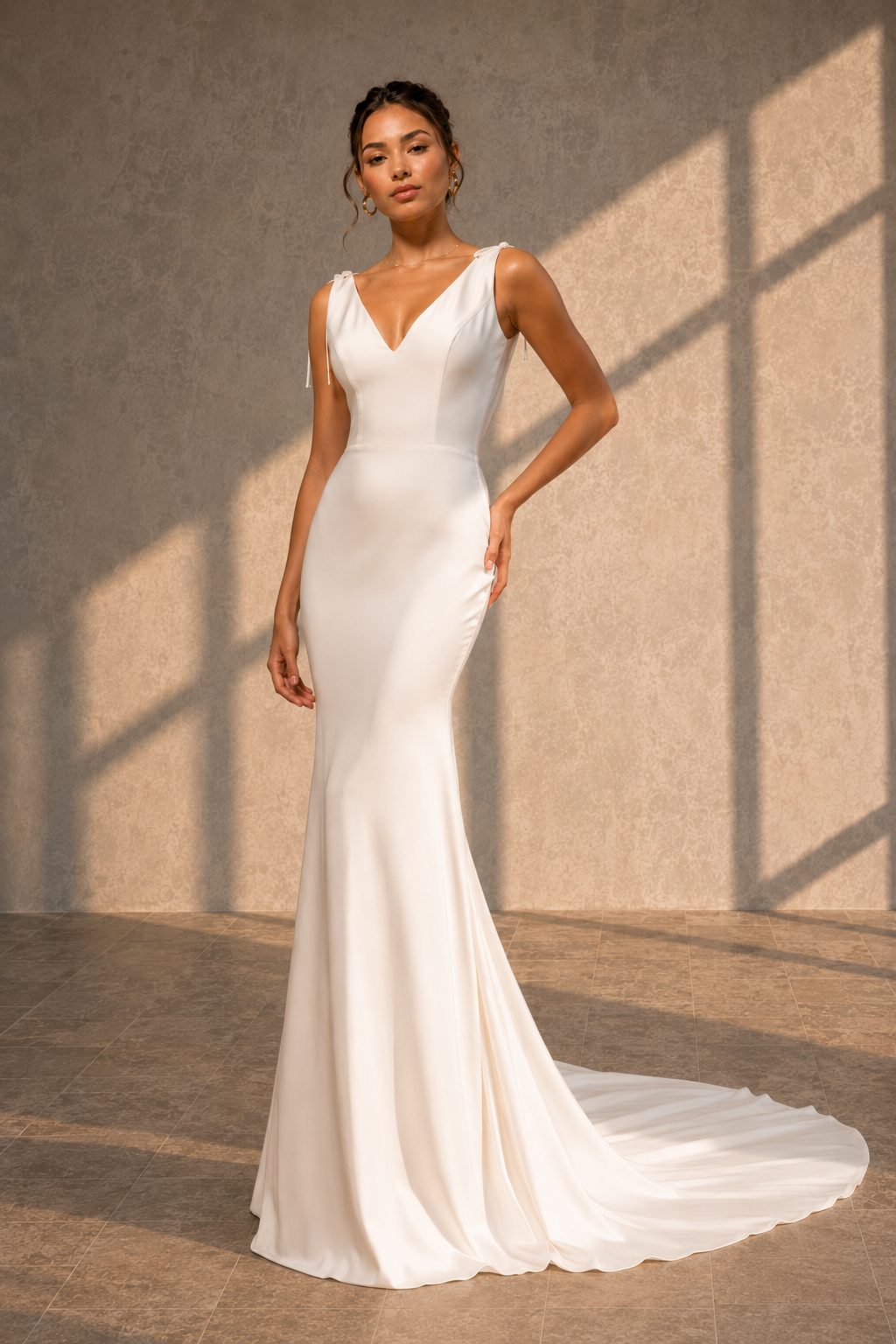 CLARISSE - BÉNITIER 271 - MS C267 femme dans une robe de mariée sirène glamour et son bénitier assortie