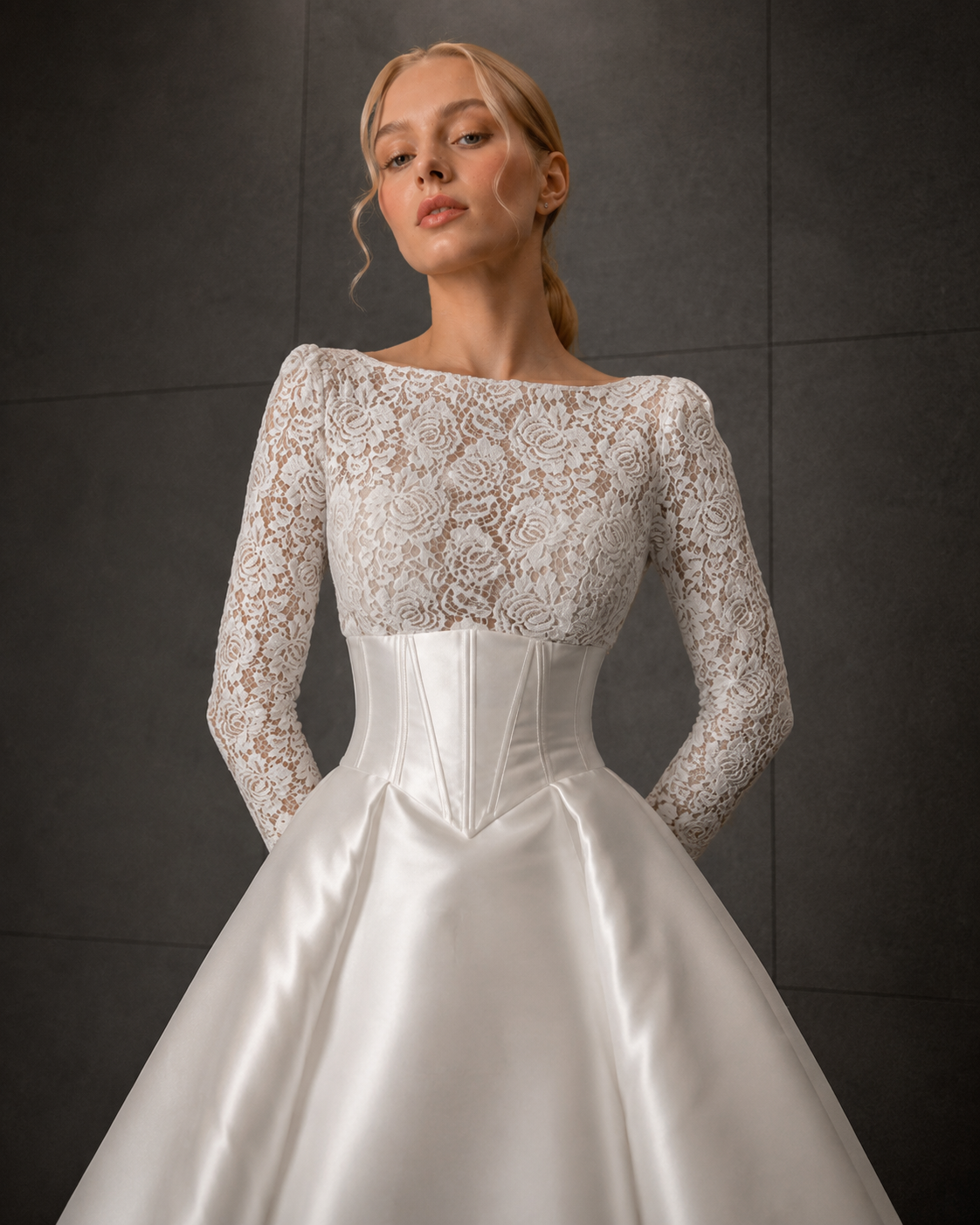 COMBINAISON CYBELLE - JUPE CYBELLE femme dans une combinaison de mariée en dentelle avec une jupe princesse en mikado