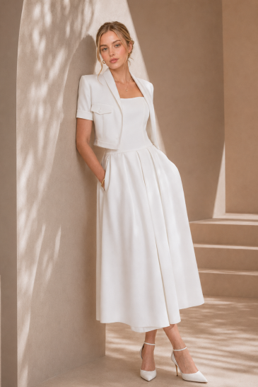 femme dans un ensemble de mariée pantalon original pour un mariage civil