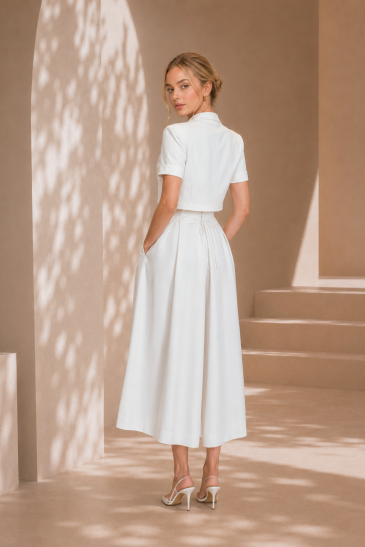 femme dans un ensemble de mariée pantalon original pour un mariage civil