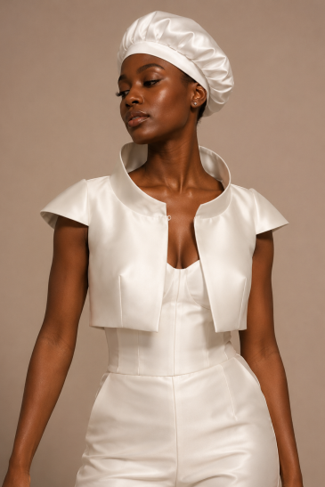 femme avec une tenue de mariage civil moderne et un chapeau