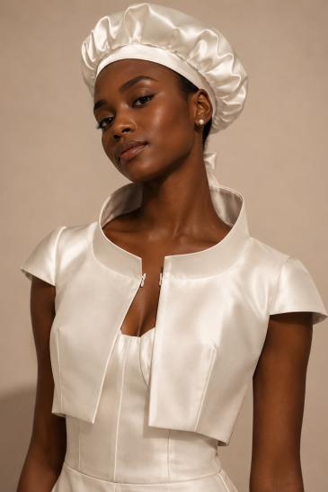 femme avec une tenue de mariage civil moderne et un chapeau