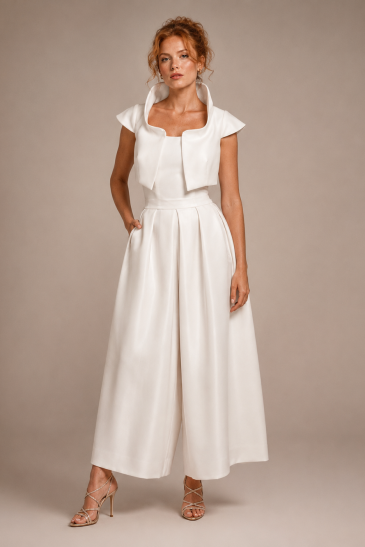 femme avec une tenue de mariage civil pantalon moderne