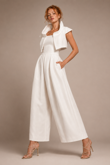 femme avec une tenue de mariage civil pantalon moderne