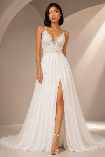 femme dans une robe de mariée bohème et fluide en dentelle