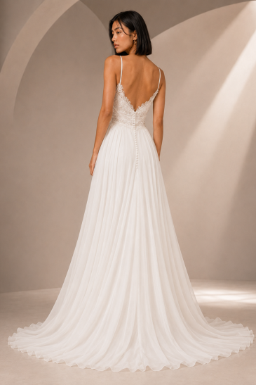 femme dans une robe de mariée bohème et fluide en dentelle