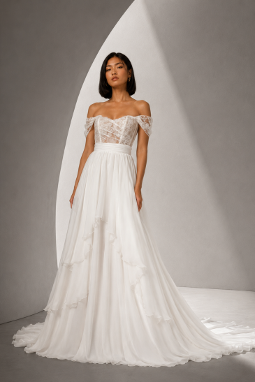 femme dans une robe de mariée A-line bohème en dentelle de Calais- Caudry