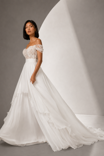 femme dans une robe de mariée A-line bohème en dentelle de Calais- Caudry