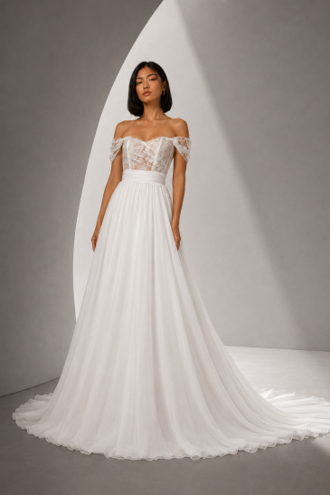 femme dans une robe de mariée A-line bohème en dentelle de Calais- Caudry