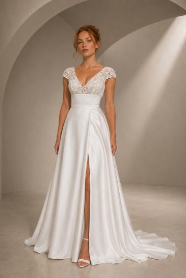 femme dans une robe de mariée A-line bohème en tulle brodé