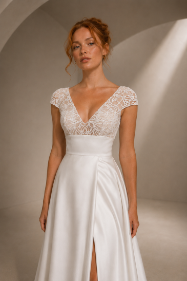 femme dans une robe de mariée A-line bohème en tulle brodé