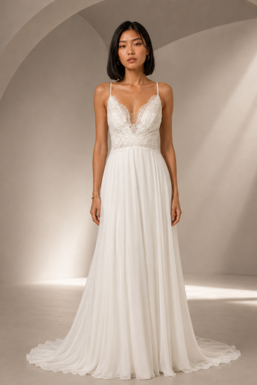 femme dans une robe de mariée bohème et fluide en dentelle