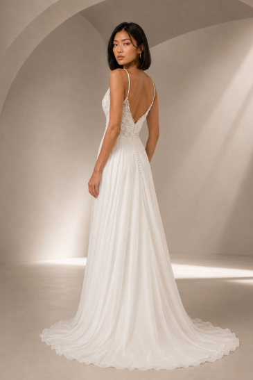 femme dans une robe de mariée bohème et fluide en dentelle