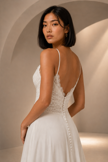 femme dans une robe de mariée bohème et fluide en dentelle