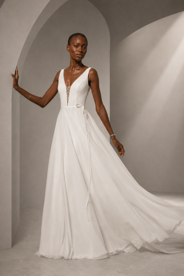femme dans une robe de mariée épurée et minimaliste