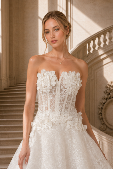 femme dans une robe de mariée princesse en dentelle dans un château