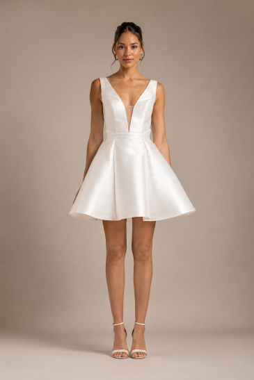 femme dans une robe de mariée courte à volants