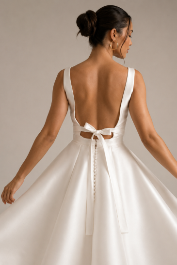 femme dans une robe de mariée courte à volants