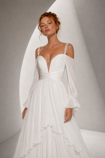Une robe de mariée bohème chic, réalisée en mousseline