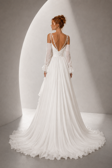 Une robe de mariée bohème chic, réalisée en mousseline
