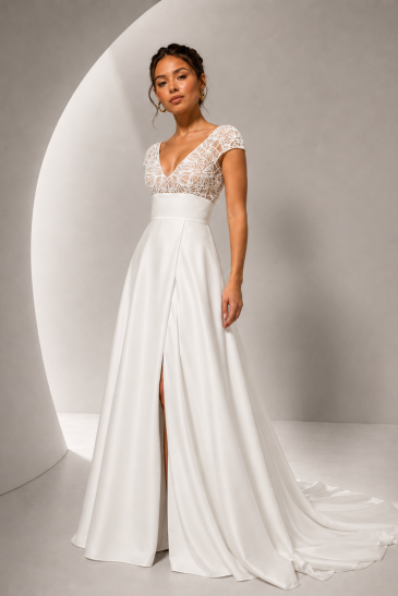 femme dans une robe de mariée A-line bohème en tulle brodé