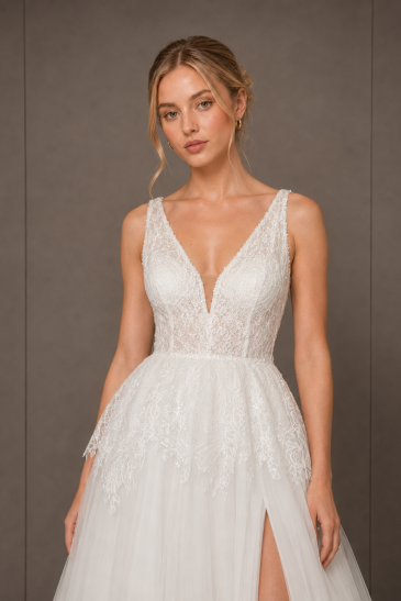 femme dans une robe de mariée princesse en tulle brodé à paillettes