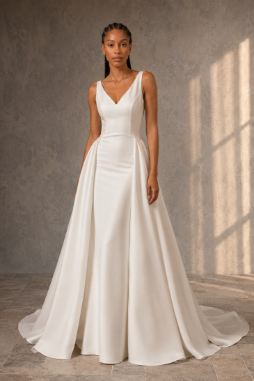 femme dans une robe de mariée sirène glamour et sa surjupe assortie