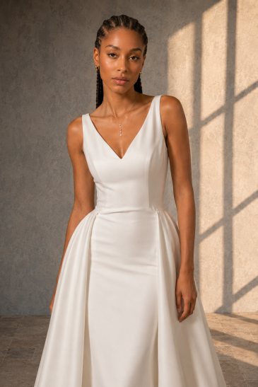 femme dans une robe de mariée sirène glamour et sa surjupe assortie