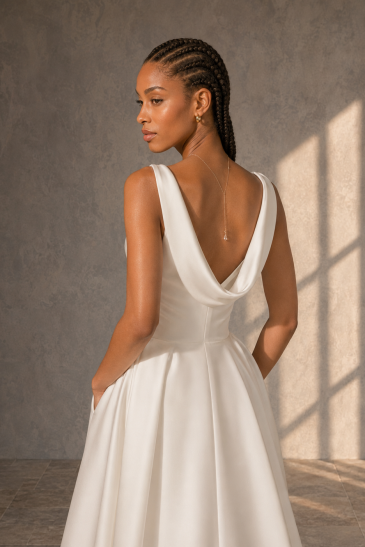 femme dans une robe de mariée sirène glamour et sa surjupe assortie