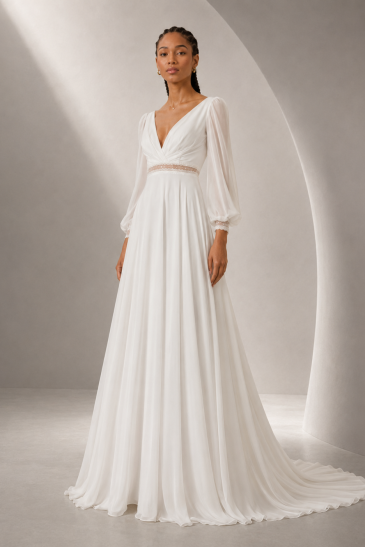 femme dans une robe de mariée bohème et aérienne en mousseline