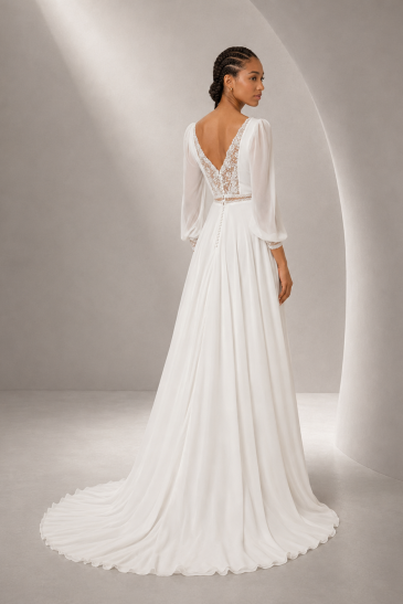 femme dans une robe de mariée bohème et aérienne en mousseline