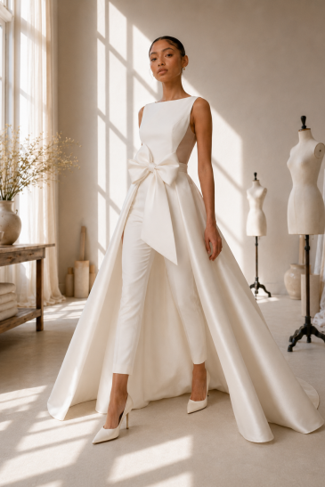 femme dans un atelier avec un ensemble de mariée pantalon original