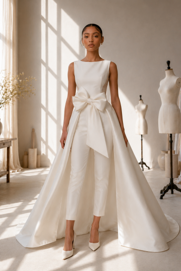 femme dans un atelier avec un ensemble de mariée pantalon original