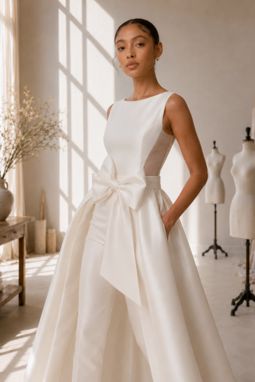 femme dans un atelier avec un ensemble de mariée pantalon original