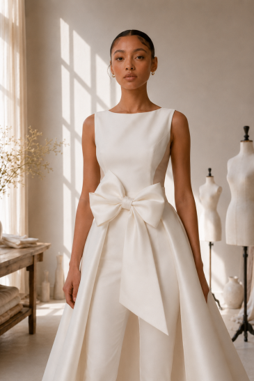 femme dans un atelier avec un ensemble de mariée pantalon original