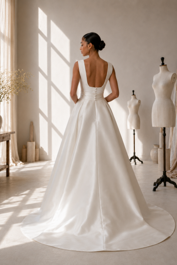 femme dans un atelier avec un ensemble de mariée pantalon original