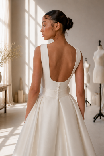femme dans un atelier avec un ensemble de mariée pantalon original