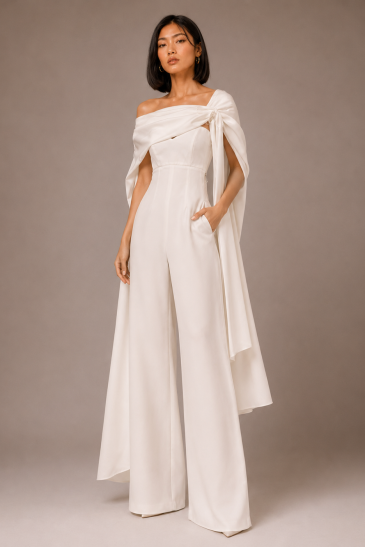 femme avec une tenue de mariage civil pantalon moderne