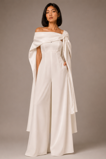 femme avec une tenue de mariage civil pantalon moderne