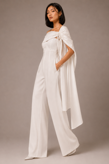 femme avec une tenue de mariage civil pantalon moderne