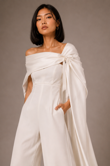 femme avec une tenue de mariage civil pantalon moderne