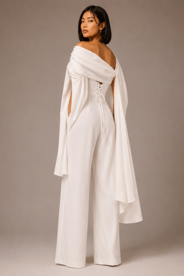 femme avec une tenue de mariage civil pantalon moderne