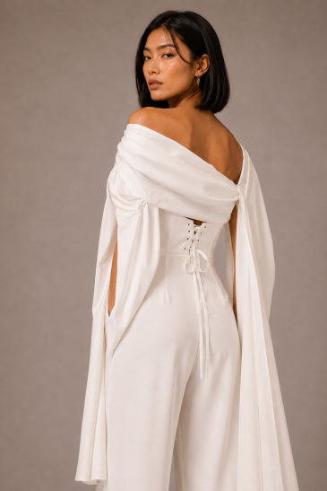 femme avec une tenue de mariage civil pantalon moderne