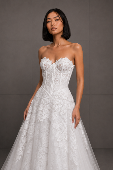 femme dans une robe de mariée sirène en dentelle avec une sur-robe style princesse