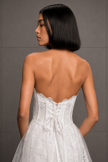 femme dans une robe de mariée sirène en dentelle avec une sur-robe style princesse