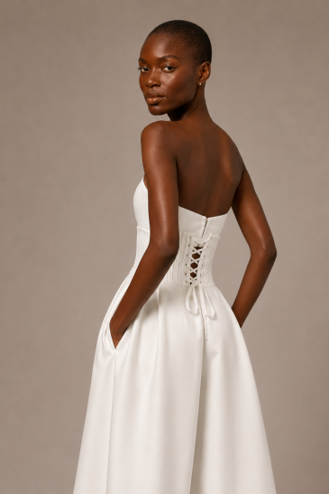 femme avec une tenue de mariage civil pantalon moderne