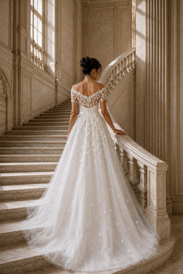femme dans une robe de mariée princesse en dentelle dans un château