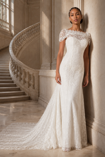 femme dans une robe de mariée sirène dans un château