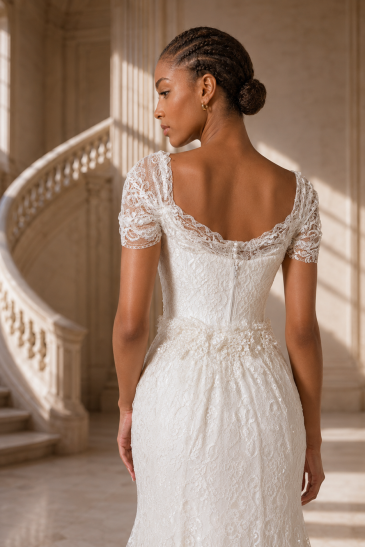 femme dans une robe de mariée sirène dans un château