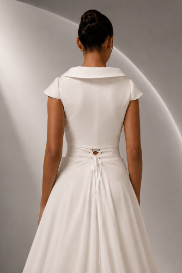 femme dans une robe de mariée épurée et minimaliste